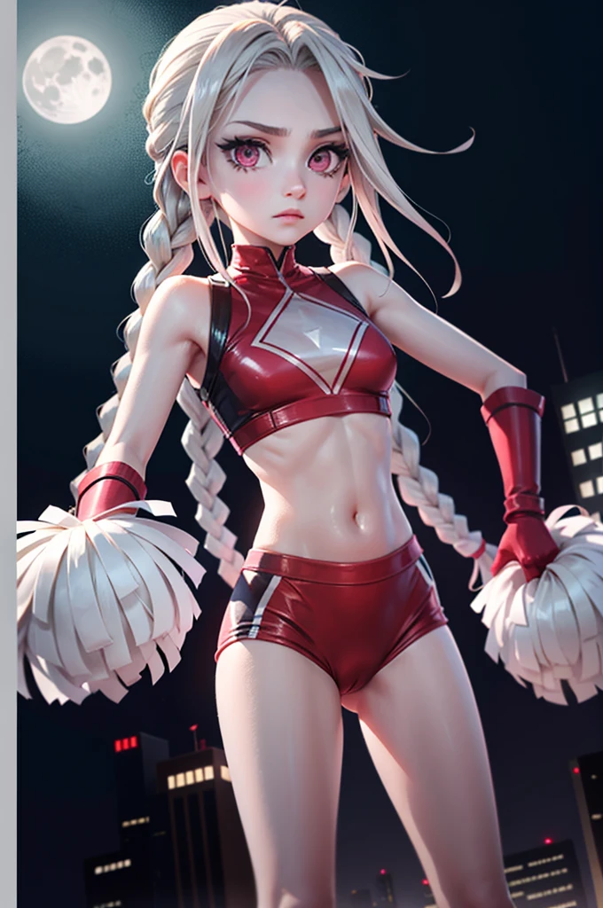 1girl, braided white hair, pale white skin, (((mascara))), body, ((cheer shell)), navel, ((transparent clothes)), gloomy expression, erotic, full moon, skyscraper, energy aura, pink eyes
