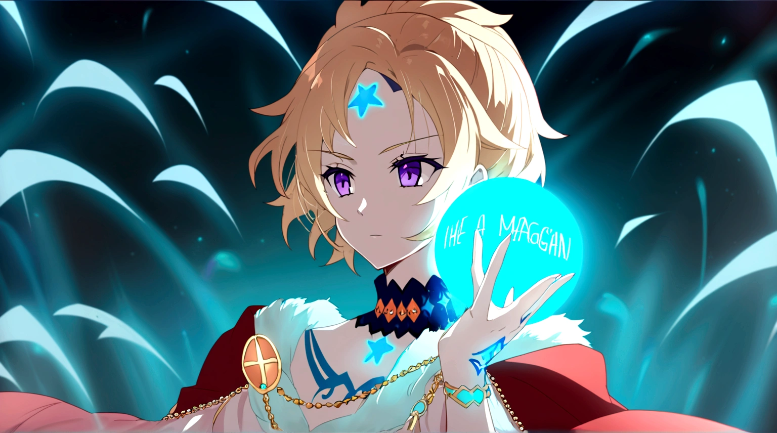 A blonde woman in anime style with short blonde hair and purple eyes. on her forehead is a tattoo of a blue star with 6 points. she is a human and wears a red cloak with a large white fur collar on which lies a golden chain. she is a magician and holds a magic ball of time magic in her hand.