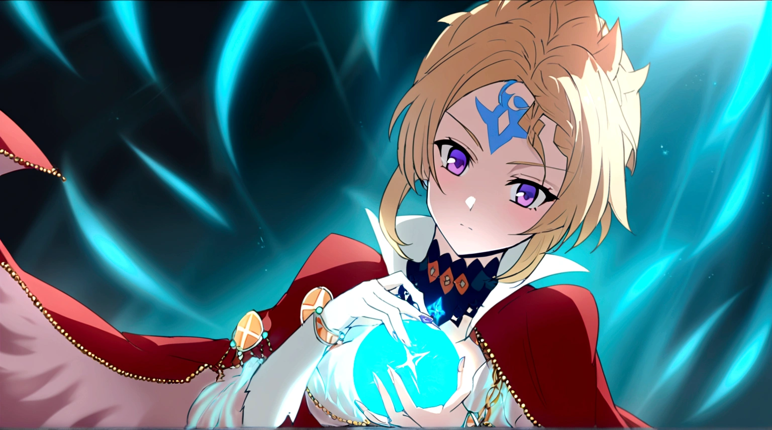 A blonde woman in anime style with short blonde hair and purple eyes. on her forehead is a tattoo of a blue star with 6 points. she is a human and wears a red cloak with a large white fur collar on which lies a golden chain. she is a magician and holds a magic ball of time magic in her hand.