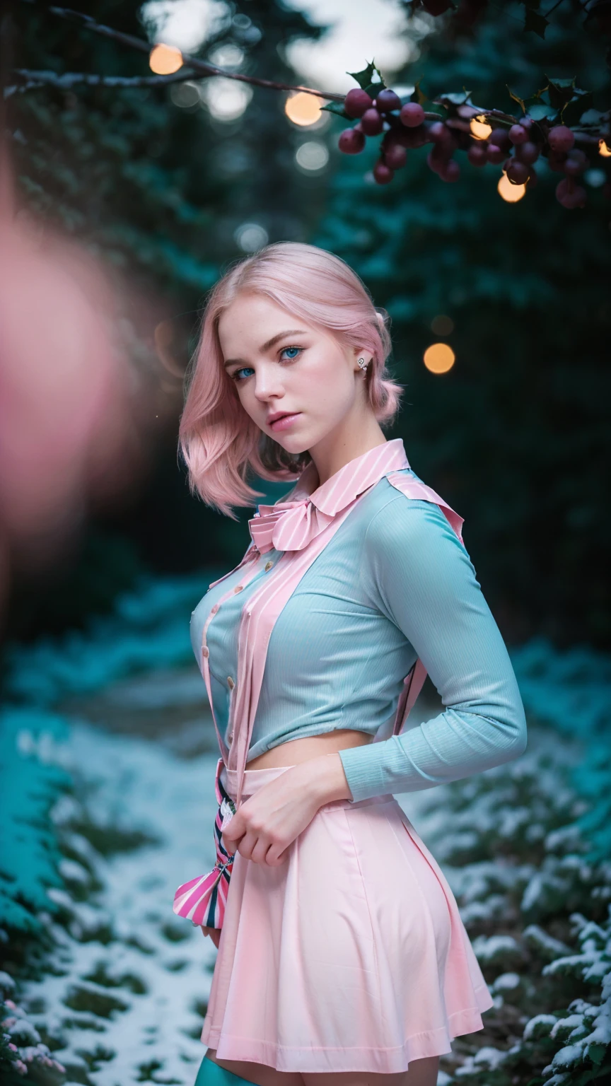 Analog photography featuring a melancholic American adult model (Ivy Snow) amidst the shadows of a dimlit mountain at night, blonde curvy-girl (18yo, Smokey eyes, very pale skin(PORCELAIN SKIN), large breasts, tightened thighs, huge ass, Chubby blonde-girl)-Bold pink-lips, a largered-ribbon-bow(tied her raven-blonde hair), Pout face expression.
Her bright blue-eyes(piercing through the darkness).
((Ivy Snow commands attention in a colleague uniform(with a candy cane striped shirt, badge, and matching skirt), creating a unique and festive authoritative look)).standing all in CANDID and relaxed poses, and holding a plastic-bag,
In a forest shrouded in mystery(the blonde woman stands amidst ancient trees), their branches reaching towards the sky). The photograph captures the cold of the frost forest(with mist, foggy),Sad atmosphere and the sense that something oppressive is about to unfold. A haze and a soft focus on the background enhance the quality of the image (((iMAGE in a MONOCHROME(PINK/teal)-colors palette theme)))-adding a surreal touch to the Lovecraftian, (backlighting), (depressive colors), faded film, desaturated colors, 70mm photo, grainy, vignette, vintage, Kodachrome, Lomography, Horror movie effects. vignette, high budget, bokeh, epic, Inspiration from the writings of H.P. Lovecraft. ((from the above view))