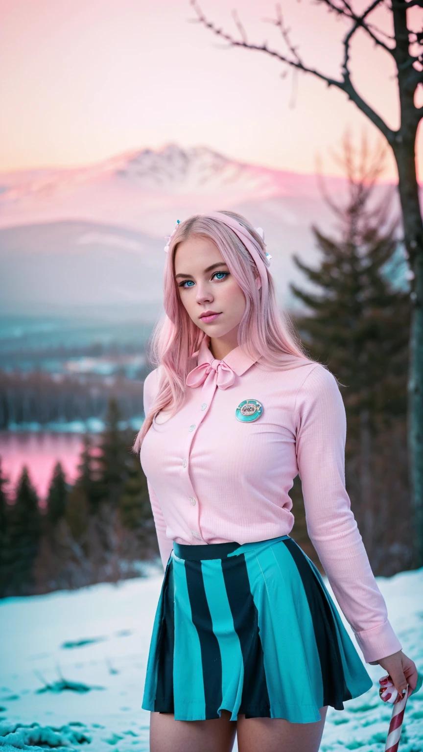 Analog photography featuring a melancholic American adult model (Ivy Snow) amidst the shadows of a dimlit mountain at night, blonde curvy-girl (18yo, Smokey eyes, very pale skin(PORCELAIN SKIN), large breasts, tightened thighs, huge ass, Chubby blonde-girl)-Bold pink-lips, a largered-ribbon-bow(tied her raven-blonde hair), Pout face expression. 

Her bright blue-eyes(piercing through the darkness). 


((Ivy Snow commands attention in a colleague uniform(with a candy cane striped shirt, badge, and matching skirt), creating a unique and festive authoritative look)).She is shown standing all in CANDID and relaxed poses, and holding a plastic-bag, 

The photograph captures the cold of the mountain(with its Sad atmosphere and the sense that something oppressive is about to unfold). A subtle haze and a soft focus on the background enhance the quality of the image, (backlighting), Horror movie effects. She's surrounded by lush plants(many lush plants against her), The natural light casts long shadows, accentuating the desaturated colors and oppressive & frost atmosphere of this vintage-photography-style image. A 70mm grainy film captures the scene, with a bokeh effect softening the focus, ((color image in a (pink/teal)-monochrome tones))-enhancing the overall composition.
