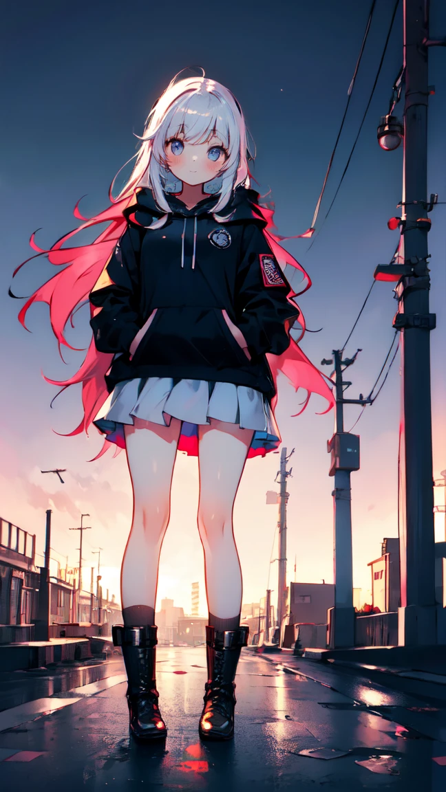 (((masterpiece, best quality, ultra-detailed, best fingers,)))a girl, long hair, black hoodie, miniskirt, black socks, brown boots, white hair, from back, urban, midnight, overlooking a town, blush-up, 