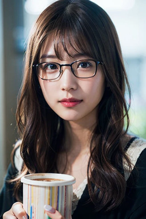 (8K、Raw photo、Highest quality、masterpiece:1.2)、(Realistic、Photorealistic:1.37)、Ultra-detailed、Ultra-high resolution、1 girl、Seeing the viewer、Beautifully detailed face、Laughter、narrow、(Slim waist) :1.3)、shortcut、Beautifully detailed skin、Skin Texture、Floating Hair、Professional Lighting、Drinking coffee in the office、Black-rimmed square glasses 、Human whole body、Brown Hair