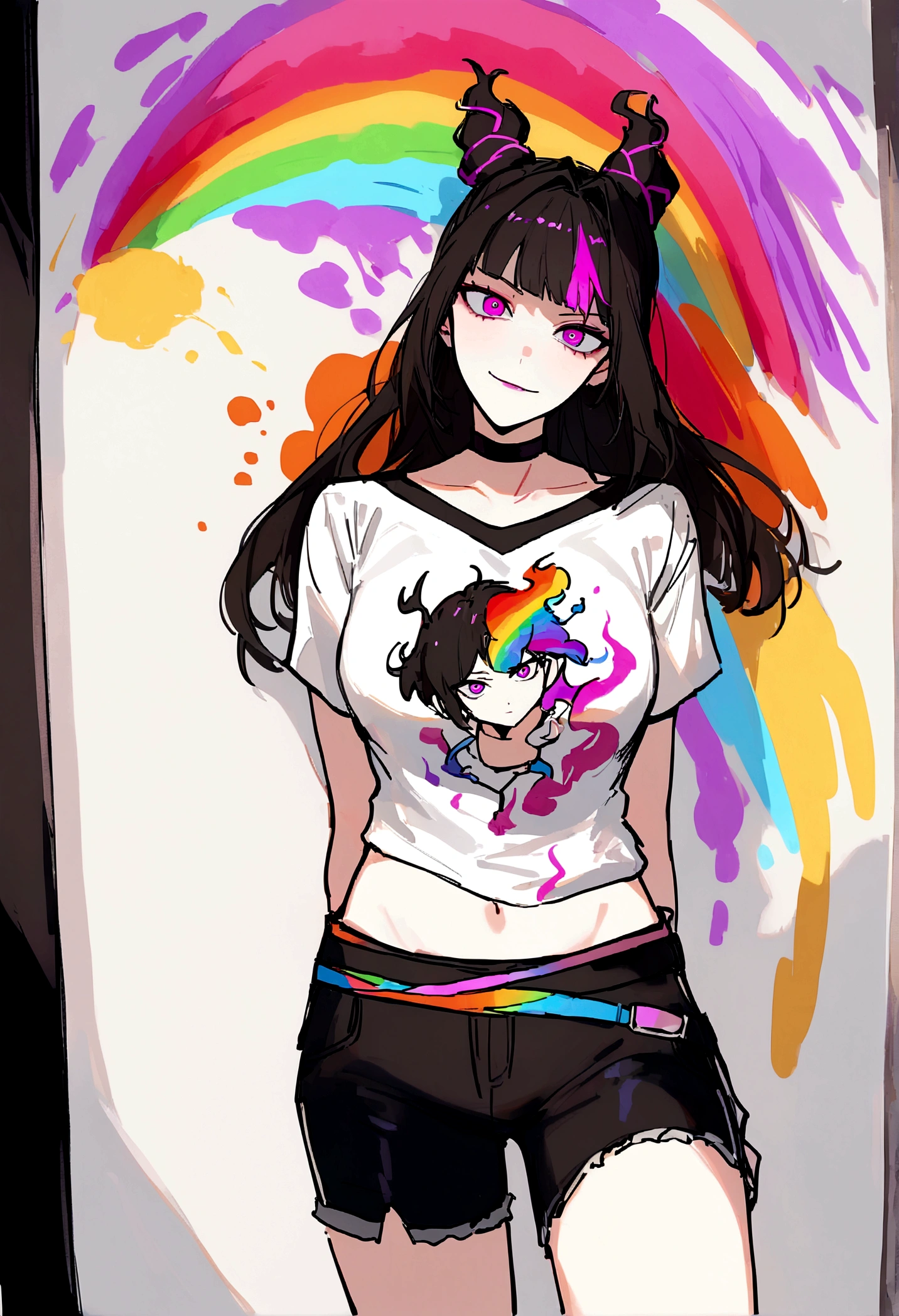 Juri Han,work of art, best qualityer, 1 girl, report, top cut, shorts jeans, choker, (graffit:1.does not splash, (hands behind the back), Against a Wall, looking a viewer, Um bracelete, thigh strap, Paint on the body, head tilt, bored, fiery hair color, Rainbow eyes,Juri Han,evil smile,Looking at Viewer, face detailed,glowing purple eyes
