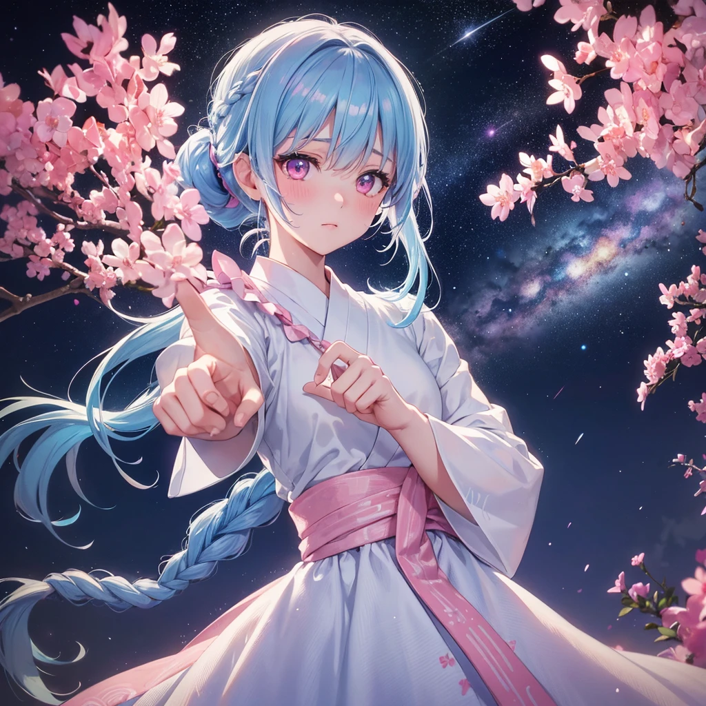 Sky blue hair, (One braided ponytail),(Pink Eyes),Fair skin ,(whole body),(One girl),White yukata,Tanabata,(The Milky Way in the night sky),Hollow Eyes,Blushing,Straight bangs,,Wedding dress,(masterpiece, Highest quality, Very detailed, Best Shadow), (Detailed Background), (Beautifully detailed face), High Contrast, (Best lighting, Very delicate and beautiful), ((Cinematic Light)), colorful, Hyper Detail, Dramatic Light, Intricate details,Reaching out,