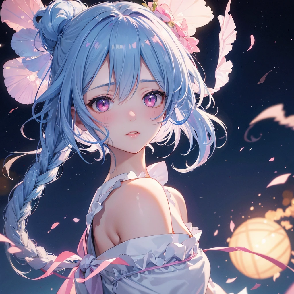 Sky blue hair, (One braided ponytail),(Pink Eyes),Fair skin ,(whole body),(One girl),White yukata,Tanabata,(The Milky Way in the night sky),Hollow Eyes,Blushing,Straight bangs,,Wedding dress,(masterpiece, Highest quality, Very detailed, Best Shadow), (Detailed Background), (Beautifully detailed face), High Contrast, (Best lighting, Very delicate and beautiful), ((Cinematic Light)), colorful, Hyper Detail, Dramatic Light, Intricate details,Reaching out,