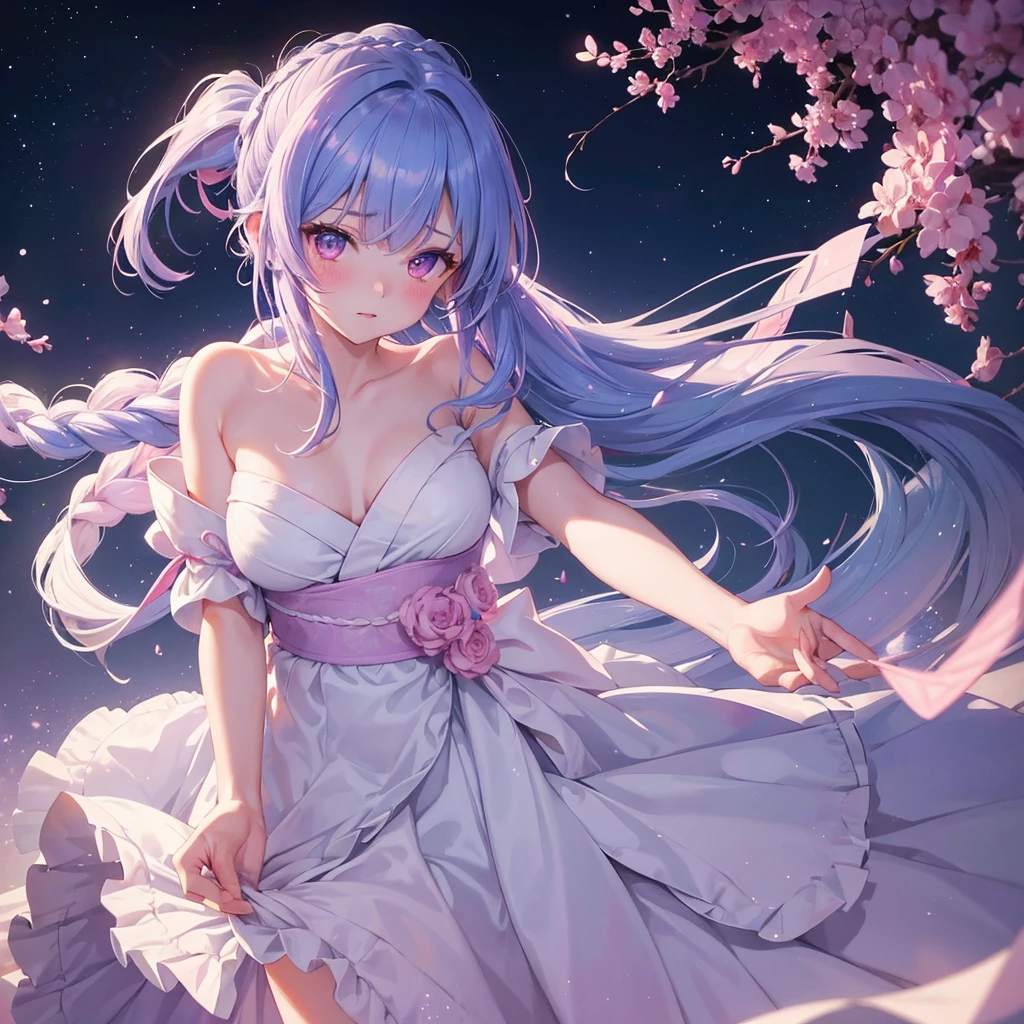 Sky blue hair, (One braided ponytail),(Pink Eyes),Fair skin ,(whole body),(One girl),White yukata,Tanabata,(The Milky Way in the night sky),Hollow Eyes,Blushing,Straight bangs,,Wedding dress,(masterpiece, Highest quality, Very detailed, Best Shadow), (Detailed Background), (Beautifully detailed face), High Contrast, (Best lighting, Very delicate and beautiful), ((Cinematic Light)), colorful, Hyper Detail, Dramatic Light, Intricate details,Reaching out,