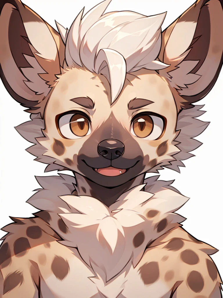 (Best image quality),(masterpiece),(((The only one))),(Very detailed),(Male hyena:1.5), (White hair:1.3), hairy,((Brown eyes)) ,(hairy动物耳朵),Smile and stick out your tongue,Small and sharp,Natural Lighting,Pure white background, Delicate face,Details on the face,character focus,Depth of Field,Perfect lighting,Clear focus,Solitary,Front view,Handsome,Shota,Smirk