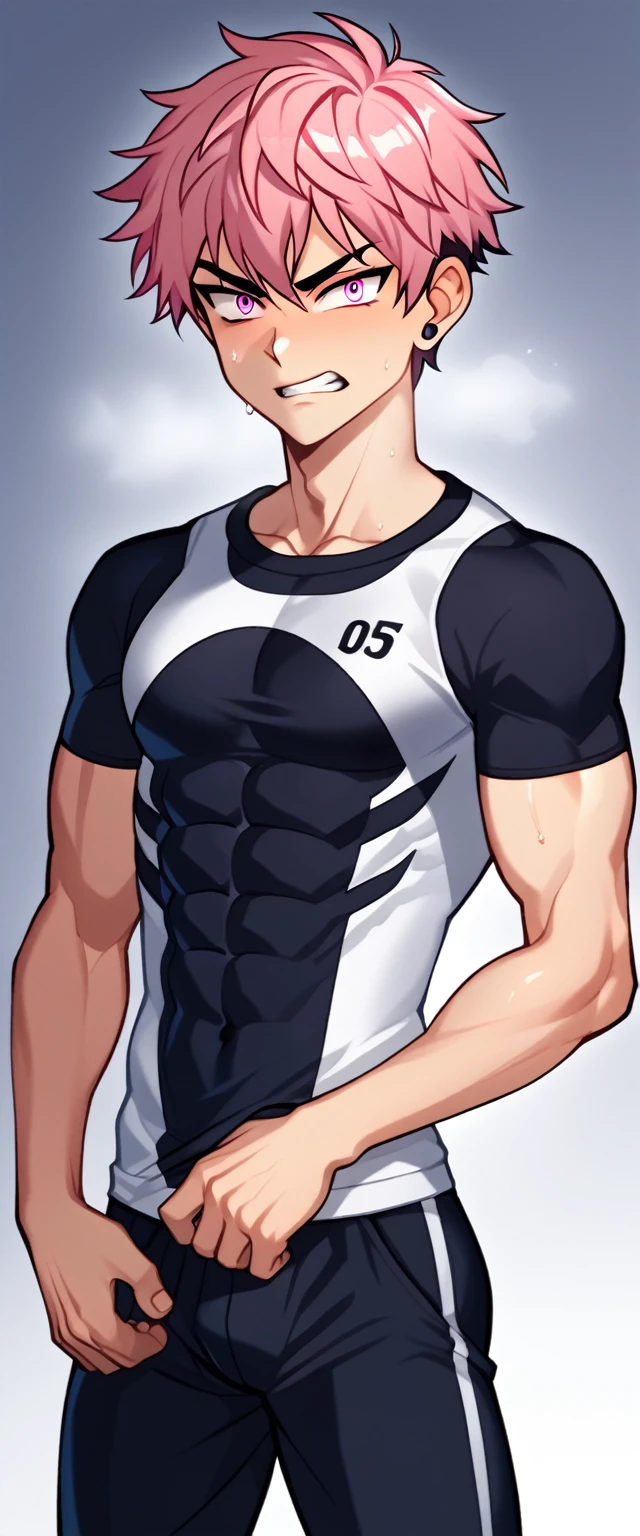 A  gojou satoru teenage boy with short pink hair and a lean, athletic build. He wears a jersey algerian number 7 underneath and a serious yet determined expression. His fists are clenched, and his eyes are filled with resolve. Surround him with a faint aura of cursed energy.