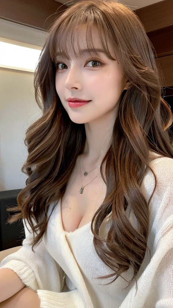 (The best product,High resolution,masterpiece:1.3),A sexy and beautiful woman,slim body,((side parted bangs,Brown hair,Fluffy wavy style))((Long wavy red hair))Beautiful and smooth G cup breasts、Show cleavage,wearing a pendant,Wearing only a white scarf,(The background is an interior modern bed),Delicate sunlight、in bright room,Details on faces and skin textures are beautifully rendered,Delicate and sexy eyes,double eyelids、Sexy lips biting、facing the audience、Sexy expression、The body is soaked、full-body shot、Sexy relaxed forward position、a pendant、Wearing a white shirt unbuttoned、Makeup、full-body shot、Smile、delicate eyes、Detailed makeup