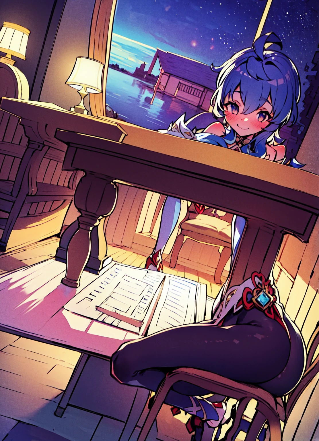 Very detailed,Pieces fly, Highest quality, Anime Images, Anime style etc.., Hired \(Genshin Impact\), Sit at the table, View from above, smile, 1 Girl, Twin Horn, ticker,Fits your body type, I can see the pussy , blush, Colorful pastel fantasy,Sexy pose,Very detailed background,Nice views,Beautiful and beautiful scenery,((Very detailed landscape)),Incredibly high quality,Night Sky