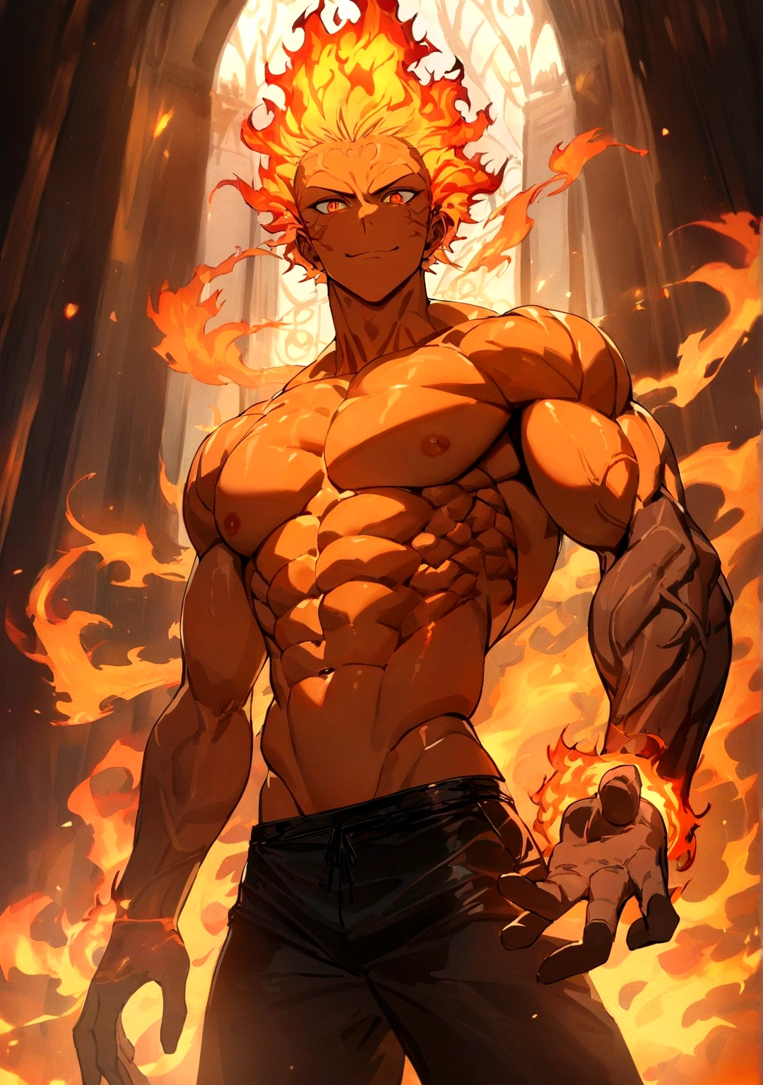 ​masterpiece, Top quality, 16k uhd, Stand, 1 male fire genasi with orange skin, Fire Wizard, no top, Free upper body, Six-pack muscles, muscular physique, elegant black trousers, fiery burning flame hair, Fire Mage, a swirling fireball hovers above his left hand, Magical setting, Confident Pose, devilish smile. highly detailed facial and skin texture, detailled eyes, square eyebrows, Amber eyes with sparks, fine facial features, chiseled jawline, Shiny orange skin with smoky undertones