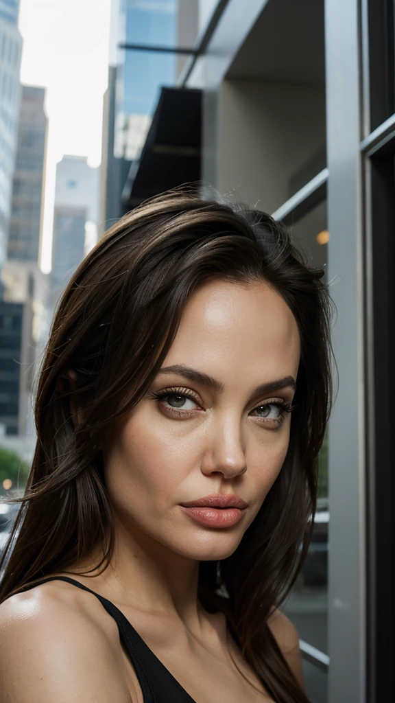 Angelina Jolie in full growth, In camouflage, cityscape, ultra detailed photo, detailed face and lips, (Red lipstick), 