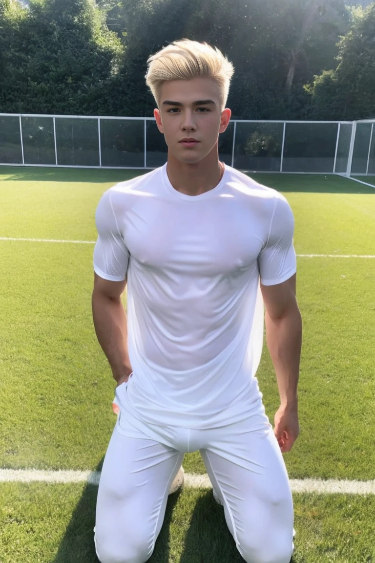 muscle handsome blonde guy 18 yo, wear transparent tight white shirt, bulge pants, kneeling on soccer field, akimbo