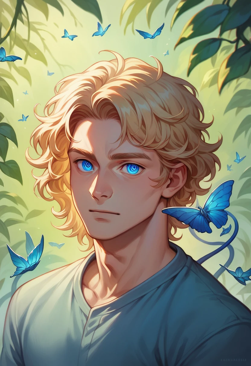 (work of art, absurderes, high resolution, ultra detaild), 1 men, wavy blonde hair, grown-up, blue colored eyes, hypdertailed, male focus,beautiful face, casual clothes, enchanting, kind, detailed eyes and face,