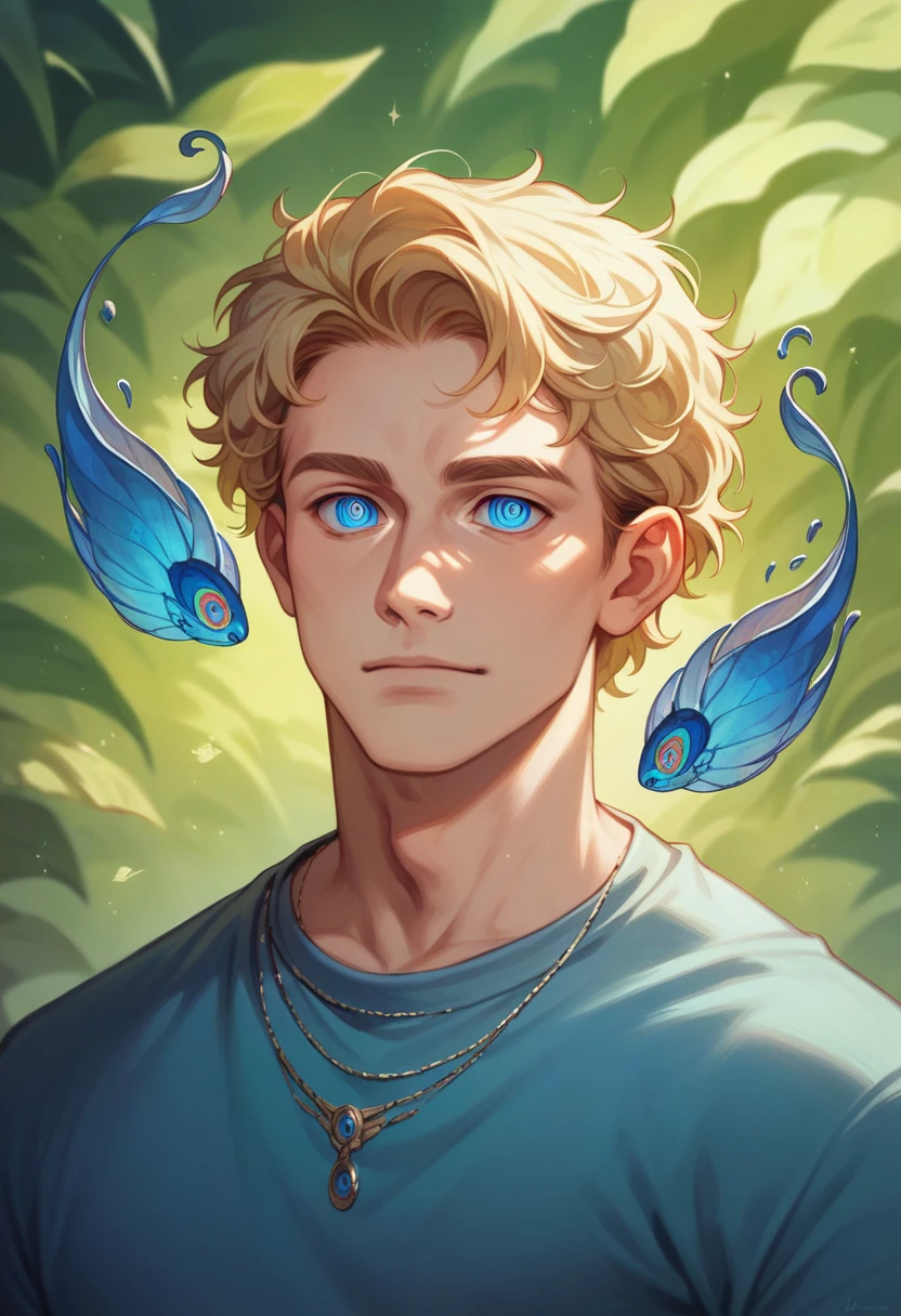 (work of art, absurderes, high resolution, ultra detaild), 1 men, wavy blonde hair, grown-up, blue colored eyes, hypdertailed, male focus,beautiful face, casual clothes, enchanting, kind, detailed eyes and face,