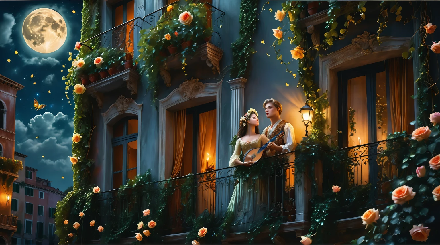 Moonlit night. A street. A young man stands playing a lute. He looks up at the balcony in front of him, covered in ivy and vines. On the balcony stands a beautiful girl in a Venetian mask. She inhales the fragrance of a rose in her hand and admires the full moon in the night sky. Fireflies flutter in the air and fragrant flowers bloom. Renaissance, Romanticism, Neoclassical. Strictly follow the scene description. cinematic, dramatic lighting, historical painting, masterful, moody, mythical, painterly, Venetian style, gloss, intricate details, rich color palette, atmospheric, evocative, seamless, photorealistic 