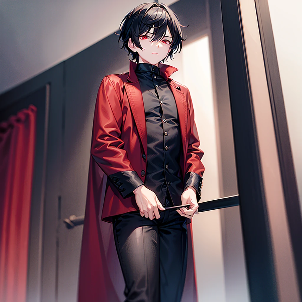 A man with medium length black hair and ruby red eyes wearing black clothes