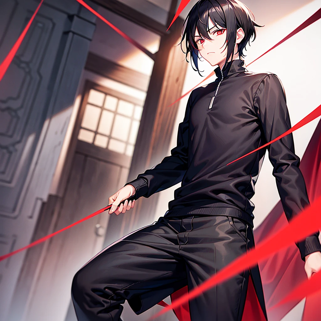 A man with medium length black hair and ruby red eyes wearing black clothes 