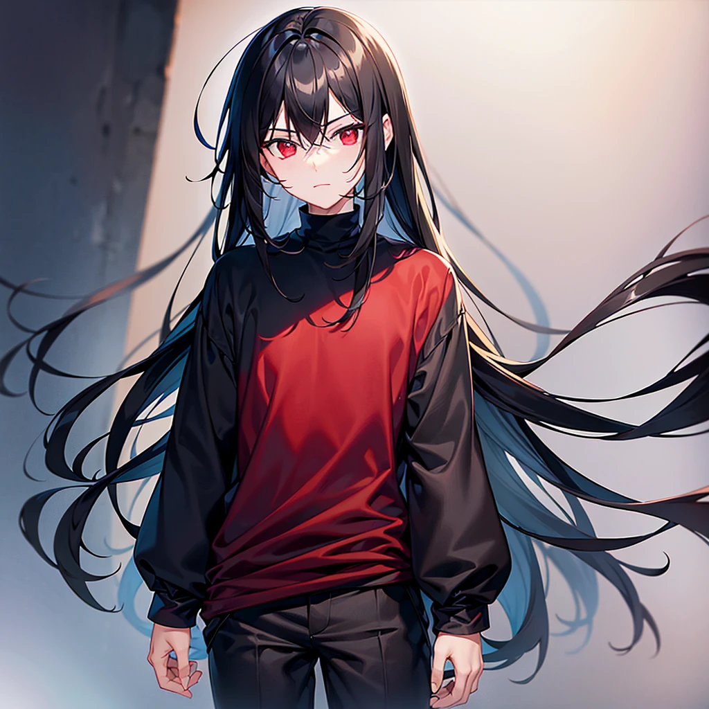 A man with medium length black hair and ruby red eyes wearing black clothes 