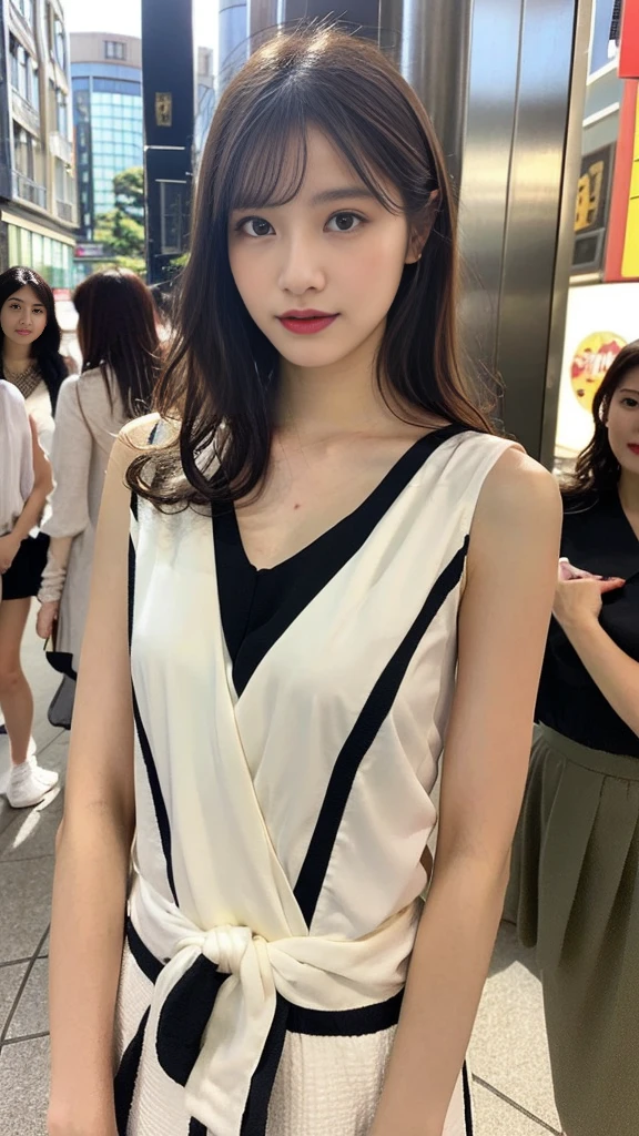 Detailed Background、Tokyo cityscape in the background、((masterpiece、Highest quality、High resolution、high resolution、masterpiece))、One Japanese woman、25-year-old woman、Curly Hair、Semi-long hair、Dark brown eyes、Strapless blouse、Long skirt、Beautiful Japanese Women、Detailed face、Real skin texture、Beautiful Skin、Pretty woman