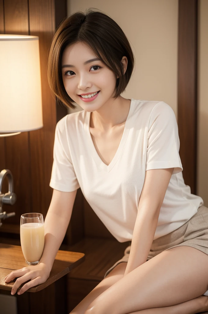 ,short sleeve,masterpiece, Best Quality,8K,Natural brown short hair,japanese beatiful girl,very nice lady,smile,teeth