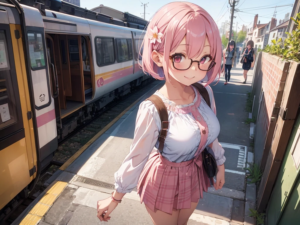 1girl,flower pattern ,train,station ,pastel pink hair,brown eye,bob hair,standing, put hands on body, full body,red frame eyewear,big breasts,smile