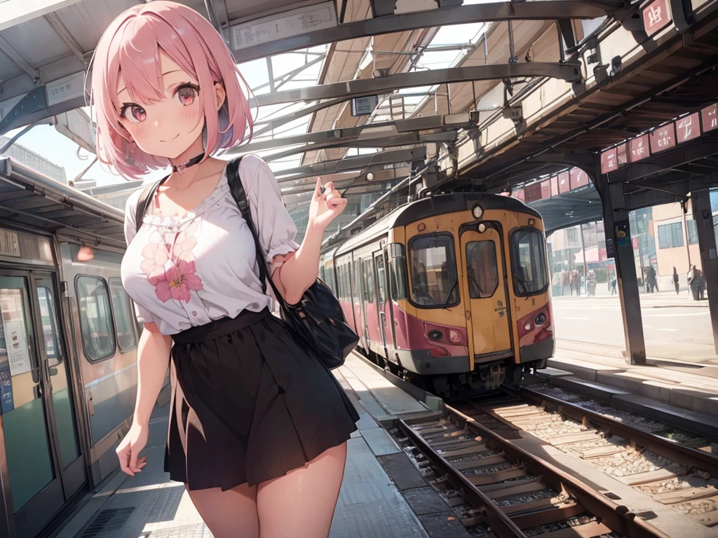 1girl,flower pattern ,train,station ,pastel pink hair,brown eye,bob hair,standing, put hands on body, full body,red frame eyewear,big breasts,smile