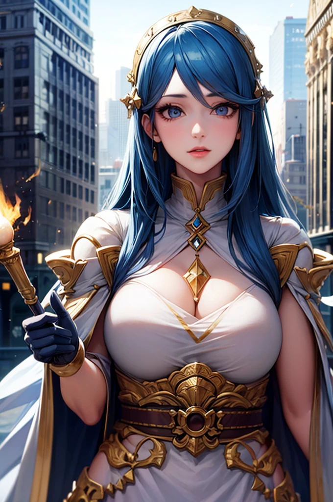 One girl, High resolution, masterpiece, alone, anime, Absurd, Detailed face, Perfect Eyes, Azura (Fire emblem), Upper Body, whole body, White Dress, jewelry, White gloves, Cityscape, Holding, staff, sing