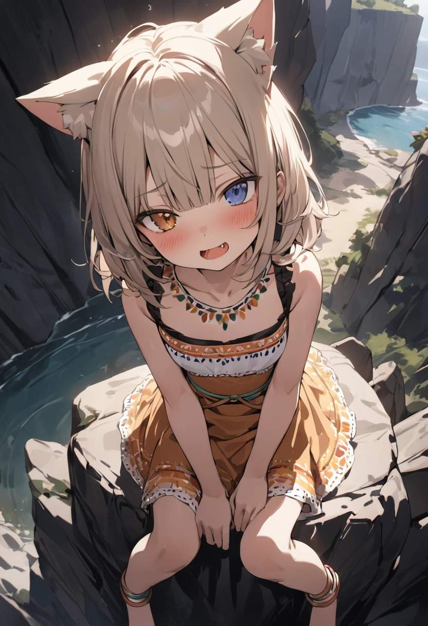 heterochromia, ((Masterpiece)), ((best quality)), (Anime:1.3), (super detail:1.2), (High Definition:1.3), (Professional Photography:1.3), (wide shot), (very aesthetic:1.2), (absurdres:1.2), (sharp focus), (perfect light), ((12 years old)), Textured skin, cinematic lighting, from above, Textured skin, Cute teenage young Girl, small breast, open mouth, ((trival anklets)), loose blunt bangs, (messy medium hair), blush and smug, cute makeup, ((wearing Mexican Folk Costume)), bare foot, (Healthy body), slender body, (put on cat ears), pale brown hair, BREAK, ((best quality)), (very aesthetic:1.2), (absurdres:1.2), ((summer day)), loose sitting on the cliff tip, (Landscape below the deep cliff),