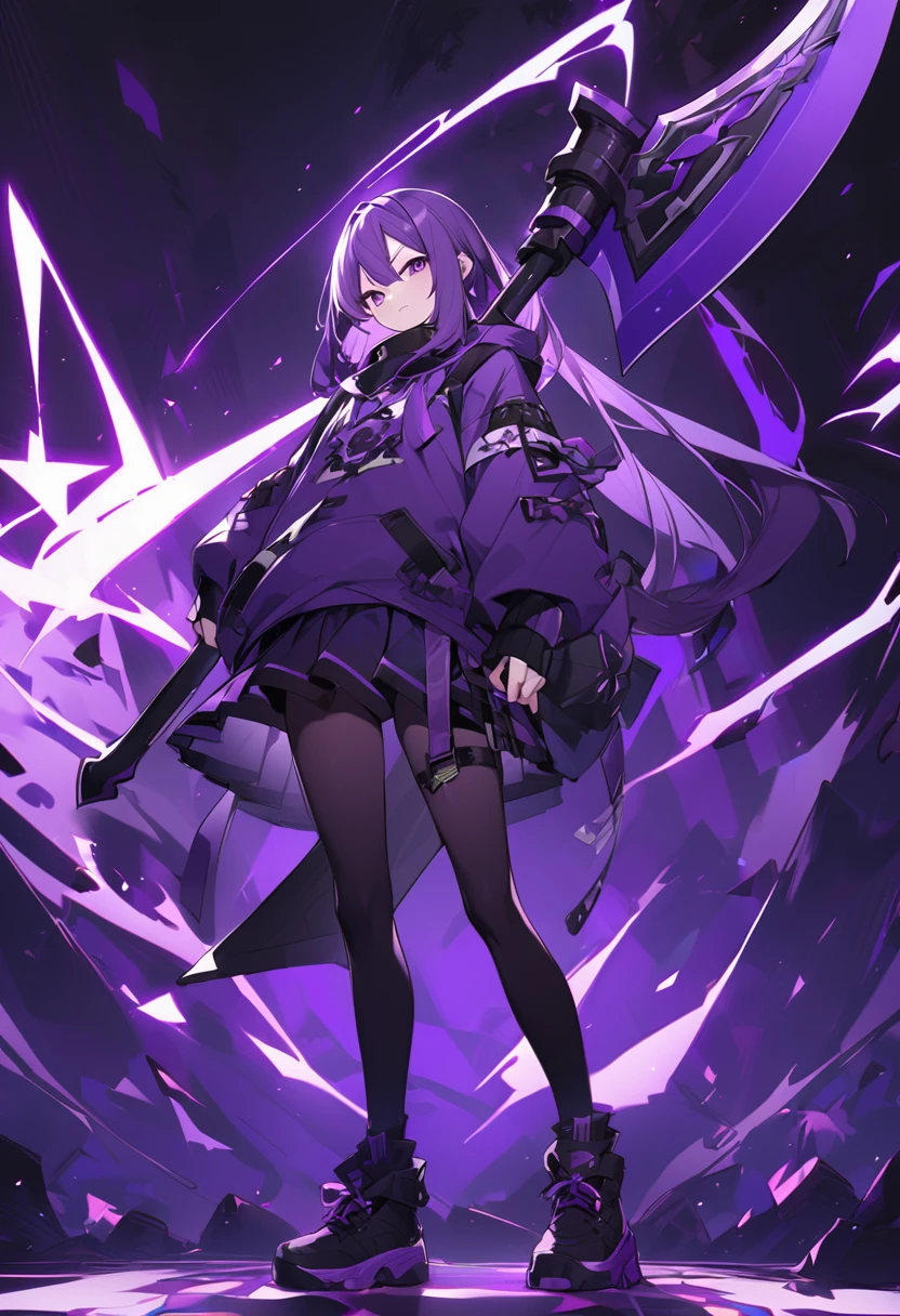 Keito。Purple Eyes。Purple Hair。Purple Skirt。Black shoes下。Black shoes。Purple hoodie。Purple big axe