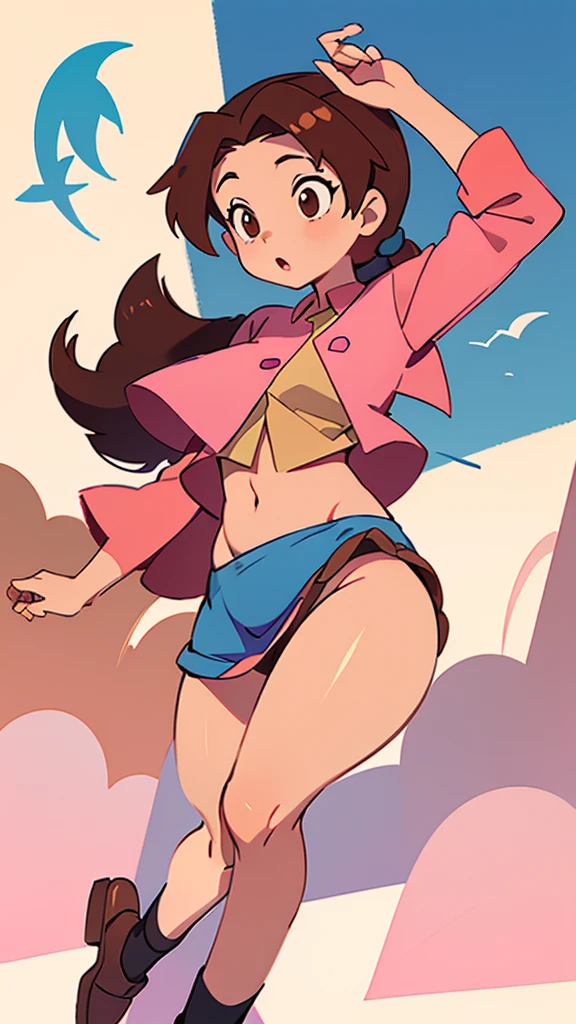 A girl with light skin, sexy, cute, leaders, long brown hair, her brown eye, wears a pink button-down blouse, shows her navel, and a short blue skirt, black shoe, and she travels, flying, sky, city background.