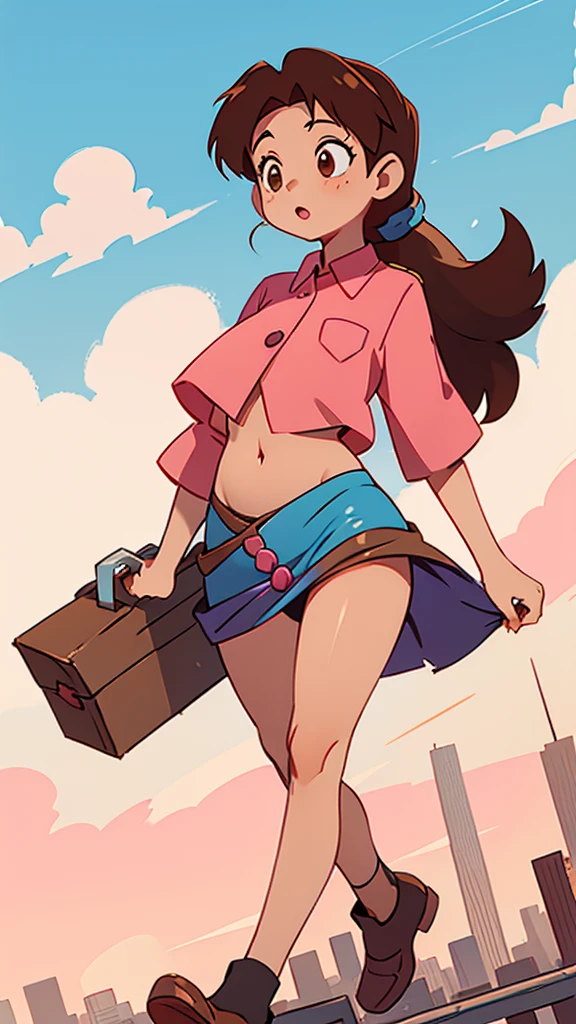 A girl with light skin, sexy, cute, leaders, long brown hair, her brown eye, wears a pink button-down blouse, shows her navel, and a short blue skirt, black shoe, and she travels, flying, sky, city background.