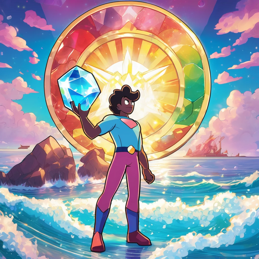 Steven Universe: Steven with his gemstone shining on his chest, using your magical powers to help the Crystal Gems save the day. Beach scene with the sea in the background and the Crystal Gems fighting monsters. Vibrant colors and detailed lines