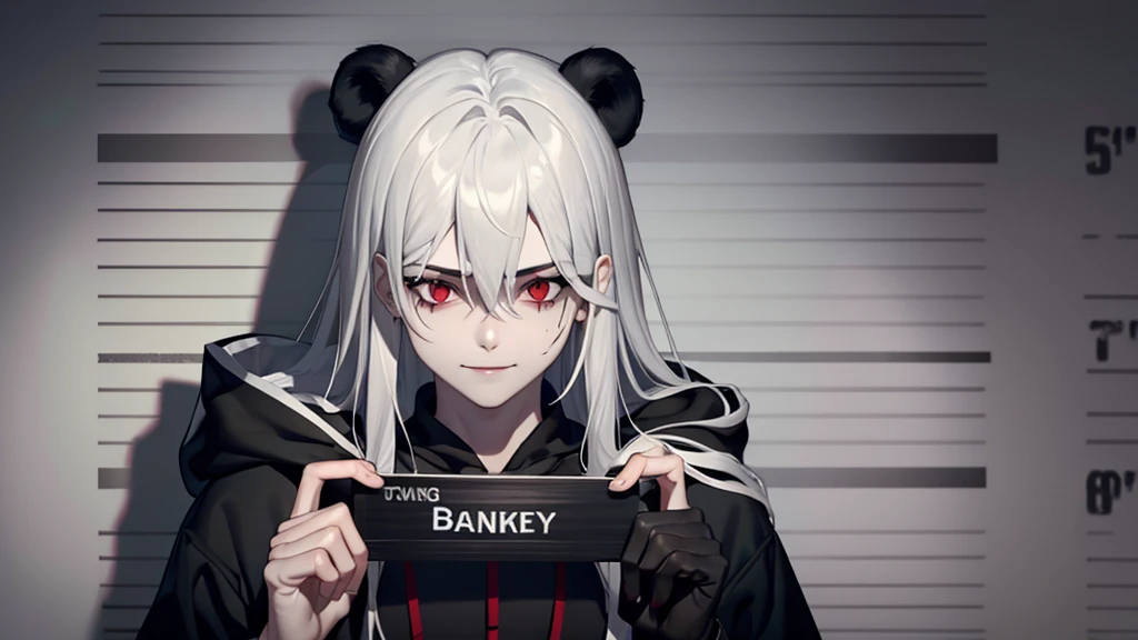 sinister, Boy, thin, pale, panda eyes, looking at the camera, ultra realistic, fully detailed, cemetery environment, red eyes, black hoodie and stained with blood, bones exposed, putrid wounds, sensual, terrifying, bruised by the body, slight smile, super detailed, long hair, silver hair,smile