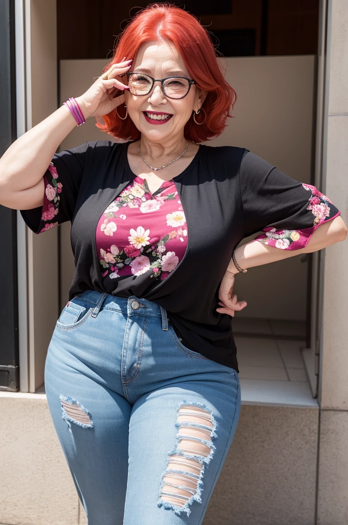 1 fat elderly woman, straight red hair, without hat, glasses, pink lipstick, aretes, laughing, wristbands, big pink nails, short-sleeved floral blouse, jeans, loose black platform