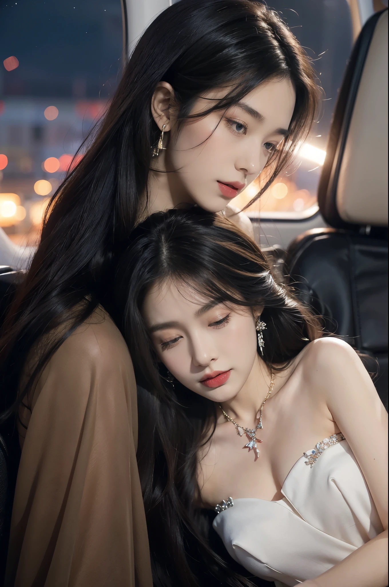 (((best quality))),(((ultra detailed))),(((masterpiece))),illustration,(a beautiful girl,female passenger,solo),(parted red lips),((slim,thin,small breasts,flat chest)),((earrings,crystal necklace)),summer night,((in airplane,economy class,indoor)),((strapless bra)),(shoulder length straight bob hair:1.2),stars,moonlight,smooth flight,engine sound,lullaby,relaxed,excited,laughing,visiting family,comfortable seats,soft fabric,headrests,adjustable,beauty of night sky,dimmed lights,sleeping passengers,movies,personal screens,staying awake,magic of sky,joy of being with family,memorable journey,adventures,(surrounded by crowded crowds:1.3),(Outside the window is high-altitude night view:1.2),((from front,close-up of face))
