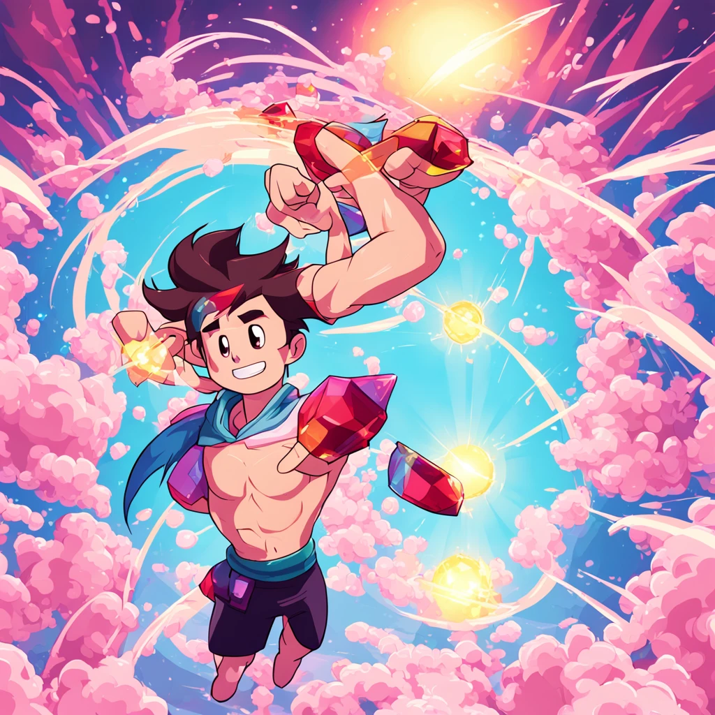 Steven Universe: Steven with his gemstone shining on his chest, using your magical powers to help the Crystal Gems save the day. Beach scene with the sea in the background and the Crystal Gems fighting monsters. Vibrant colors and detailed lines