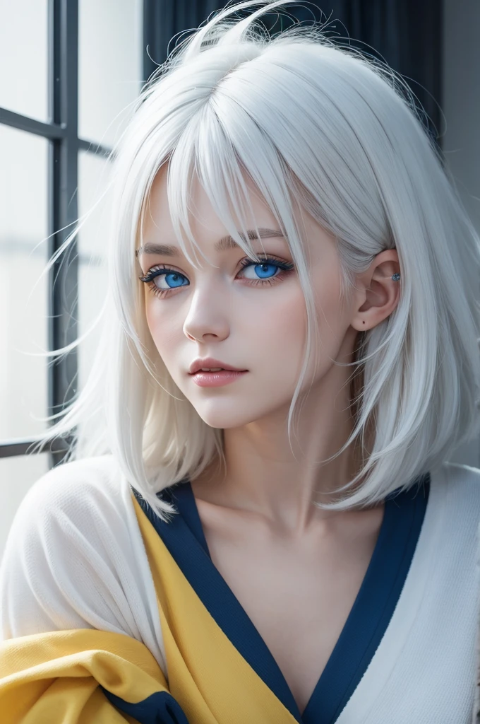 A playfully, yellow with white hair and blue eyes