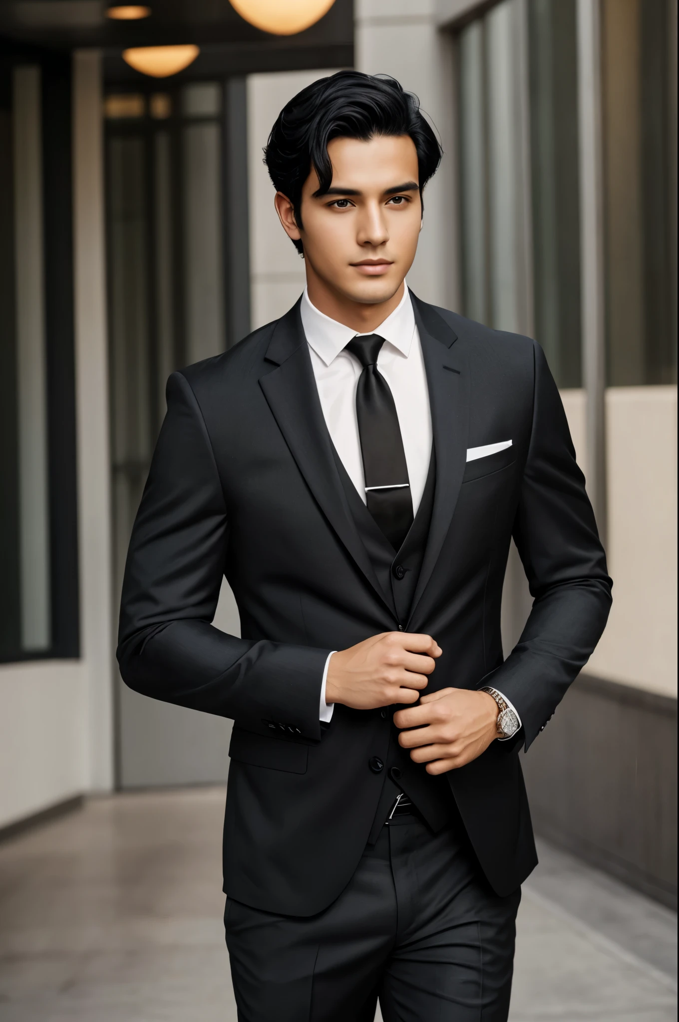 Handsome young man, black hair, handsome, wearing a suit