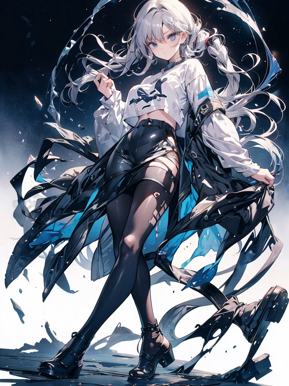 , (White Hair Girl), (Thick, dark blue eyebrows:1.4), (Dark blue eyebrows:1.7), (Thick eyebrows:1.3), (Huge black fluffy animal ears:1.1), (Black animal ears:1.1), BREAK, (((Mesh Stitching Crop T-Shirt, Cutout Long Sleeve Top))),BREAK, (Big Breasts:1.2, Thick legs, Adult female body, Sturdy body:1.5, Japanese style costume:1.5, Beautifully colored kimono:1.5,), ((Action pose:1.4 )), (sharp eyes, Ultra-high definition CG, Precisely designed costumes, 4K, 8K, Ultra-high definition CG, Simple outfit, Clear lines, Expressive and Captivating Eyes, Fine Details and Realistic Textures, cinematic lighting), ((white background)), BREAK, (Wearing black leggings with holes), Skinny sleeves, (Torn and holey leggings:1.2)(Black leggings:1.4), (過剰なRuggedThick soleブーツを履いています:1.2), (Thick sole:1.5), (Big shoes:1.3),