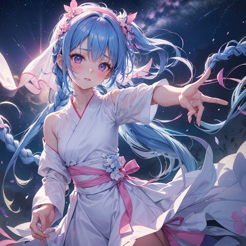 Sky blue hair, (One braided ponytail),(Pink Eyes),Fair skin ,(whole body),(One girl),White yukata,Tanabata,(The Milky Way in the night sky),Hollow Eyes,Blushing,Straight bangs,,Wedding dress,(masterpiece, Highest quality, Very detailed, Best Shadow), (Detailed Background), (Beautifully detailed face), High Contrast, (Best lighting, Very delicate and beautiful), ((Cinematic Light)), colorful, Hyper Detail, Dramatic Light, Intricate details,Reaching out,