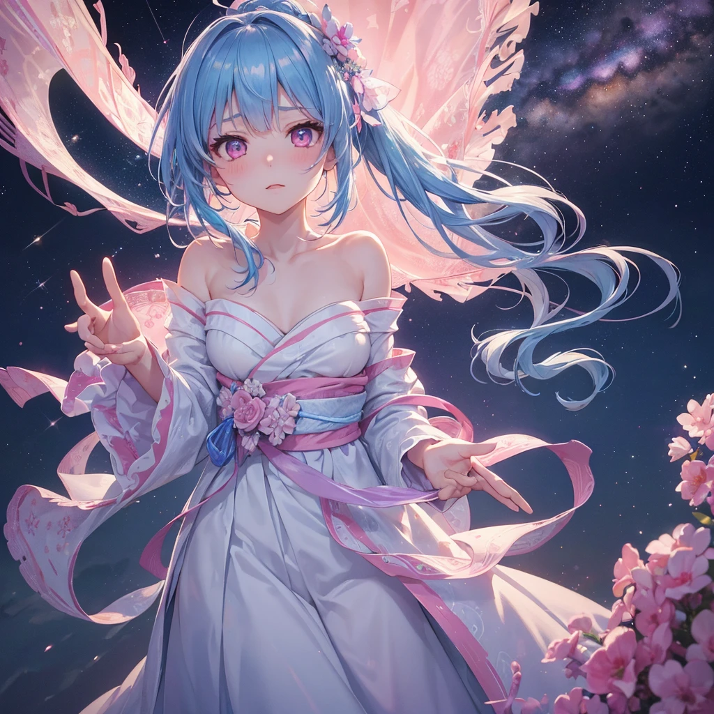 Sky blue hair, (One braided ponytail),(Pink Eyes),Fair skin ,(whole body),(One girl),White yukata,Tanabata,(The Milky Way in the night sky),Hollow Eyes,Blushing,Straight bangs,,Wedding dress,(masterpiece, Highest quality, Very detailed, Best Shadow), (Detailed Background), (Beautifully detailed face), High Contrast, (Best lighting, Very delicate and beautiful), ((Cinematic Light)), colorful, Hyper Detail, Dramatic Light, Intricate details,Reaching out,