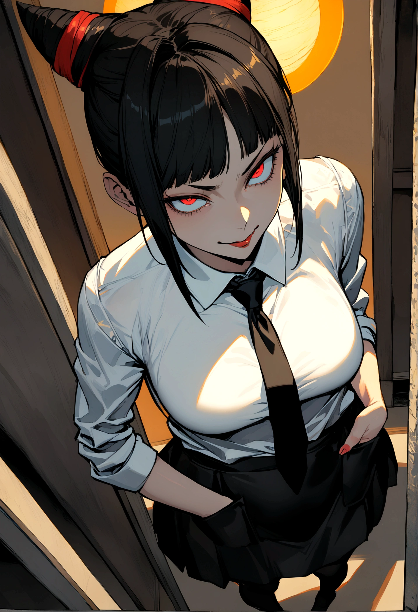 juri han,hands in pocket,work of art, tight white secretary shirt with black tie, black high waist skirt, short skirt,stocking, black hair, black tightscary sun,office,bangs on the eyes,lighting,horn of hair,view from above,evil smile,Linda,staring overhead