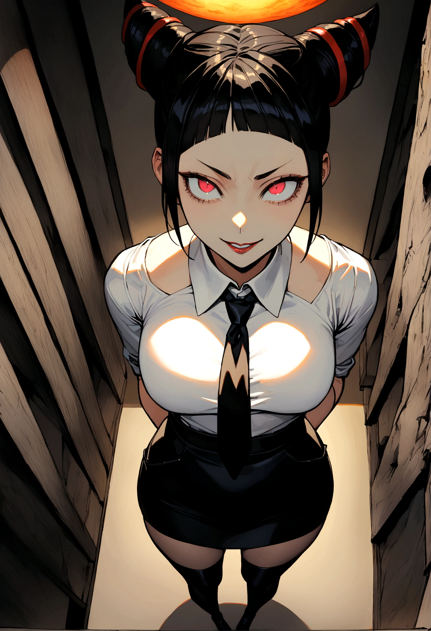 juri han,hands in pocket,work of art, tight white secretary shirt with black tie, black high waist skirt, short skirt,stocking, black hair, black tightscary sun,office,bangs on the eyes,lighting,horn of hair,view from above,evil smile,Linda,staring overhead