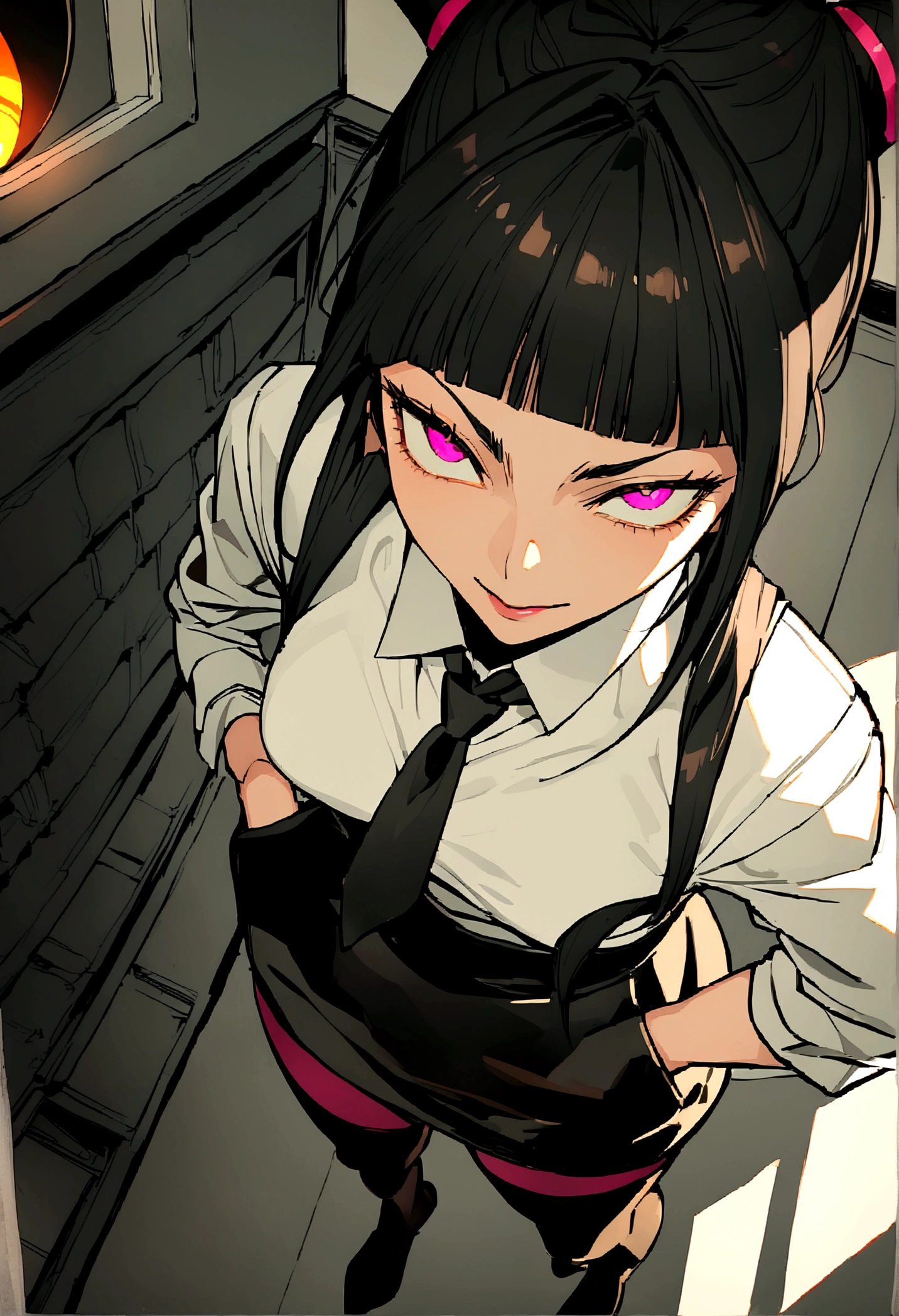 juri han,hands in pocket,work of art, tight white secretary shirt with black tie, black high waist skirt, short skirt,stocking, black hair, black tightscary sun,office,bangs on the eyes,lighting,horn of hair,view from above,evil smile,Linda,staring overhead