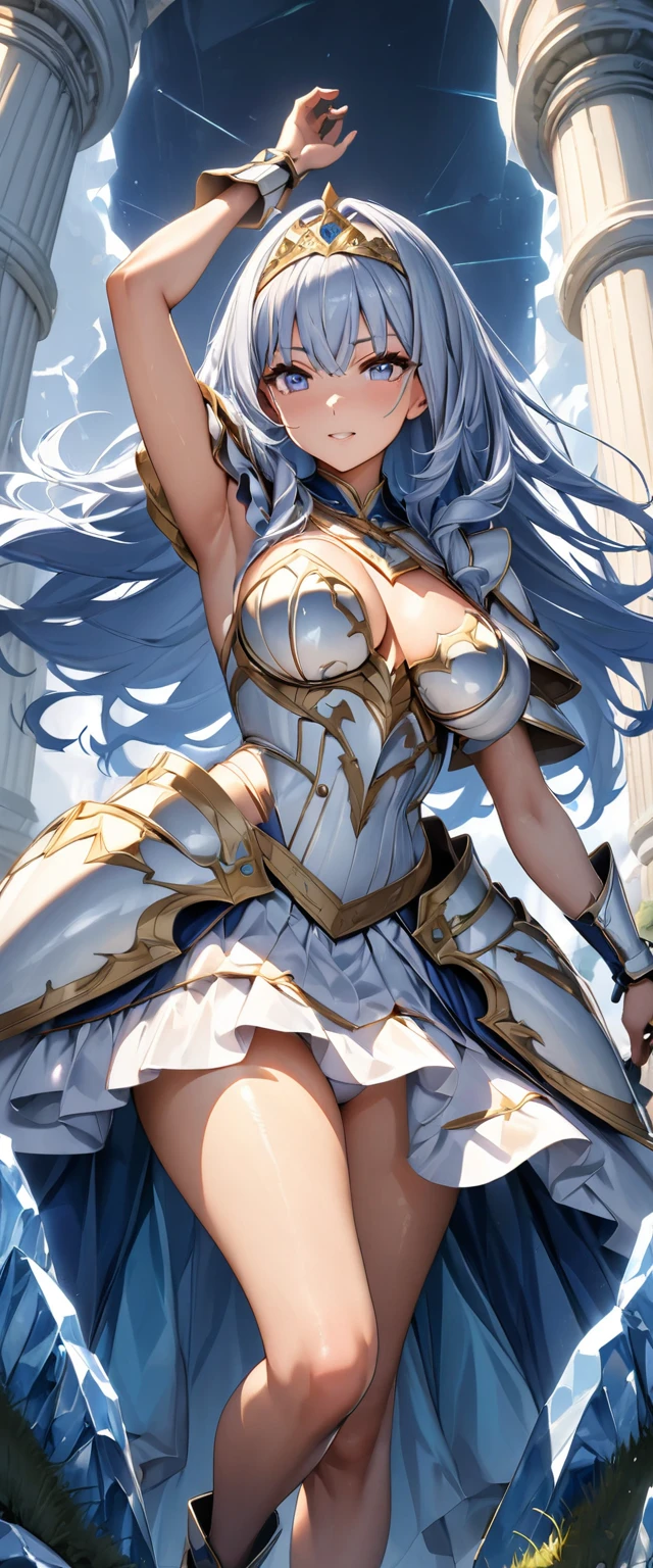 (Perfect Anatomy)、Mastepiece、Ultra High Quality、 8K、masterpiece、Highest quality、Ultra-high resolution、Maximum resolution、Very detailed、Professional Lighting、anime、Adult female、thin、so beautiful、Highly detailed eye、Draw the whole body、Armored Dress, Blue and white armor, , Golden decorated luxury tiara,Golden earrings,Frilly Armor,Light blue hair, blue eyes,White underwear、grassland, dynamic angle, dynamic pose, Heroic pose, pillars of ice, Pose holding a bow