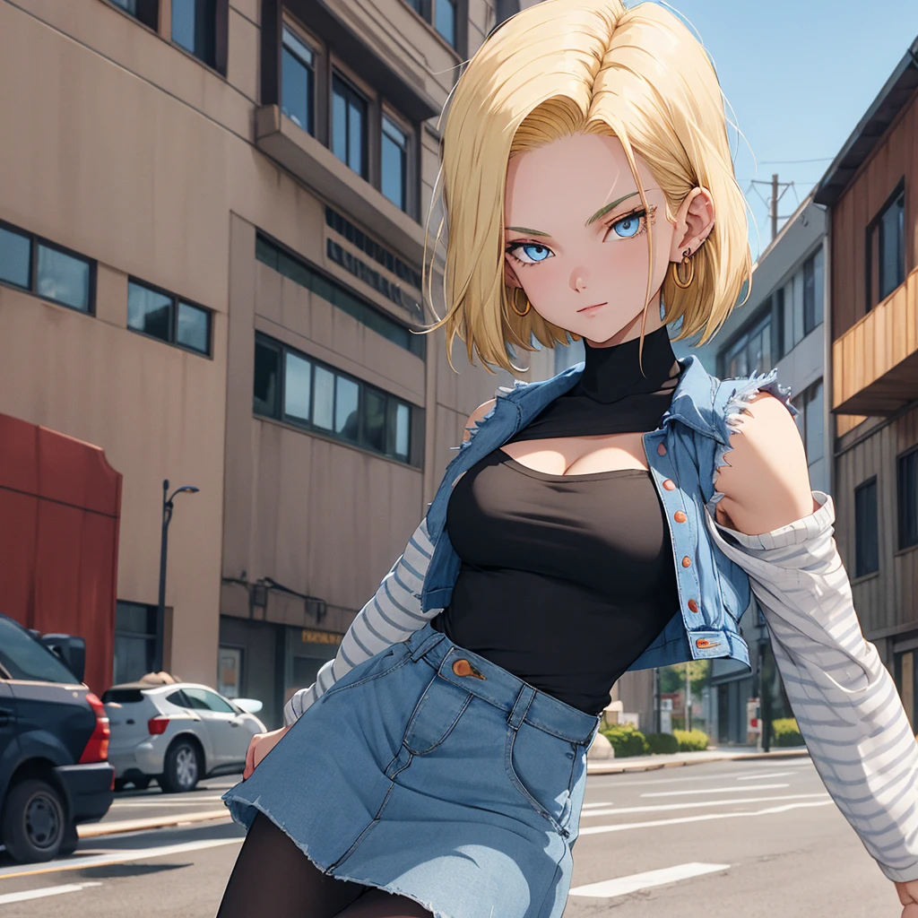 Best Quality, hight resolution, and18, 1girl in, Android 18, Solo, Blonde hair, Blue eyes, Short hair, earrings, Jewelry, Denim Vest, open vest, Black pantyhose, Black shirt, Denim skirt, Striped long sleeves, Blue skirt, medium breasts, Cowboy Shot, Street, (Externally expanded Chest:1.2), (Strapless:1.2), Off-the-shoulder