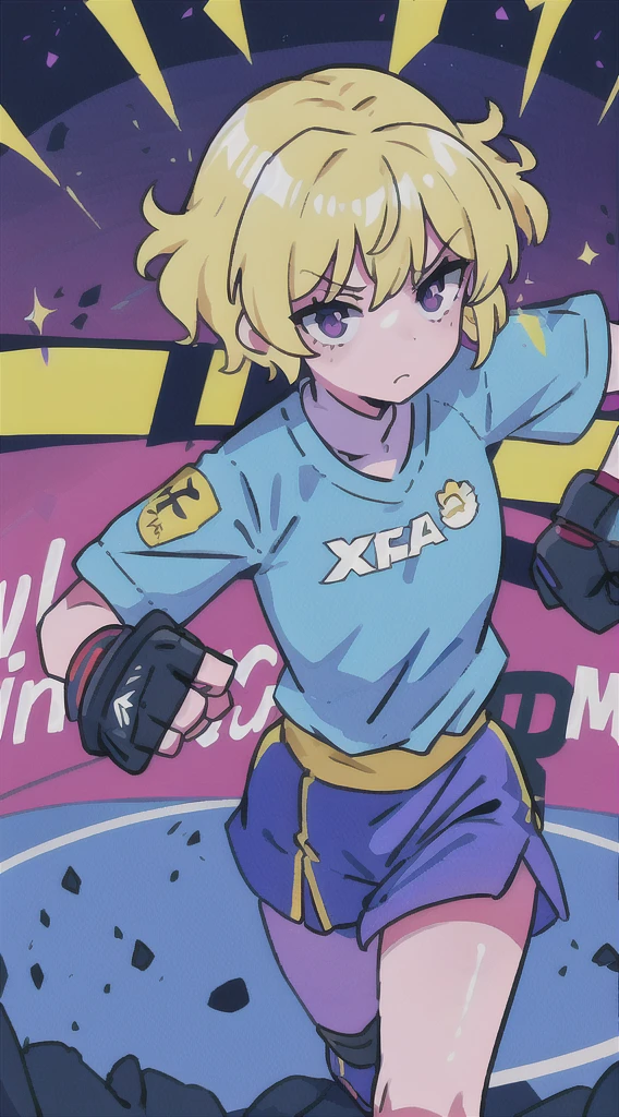 an athletic girl, flat chest, yellow hair, short messy hair, purple eyes, wearing a white MMA outfit and an off-shoulder jacket, shoulders exposed, punk, tough and aggressive, boxing wraps around hands