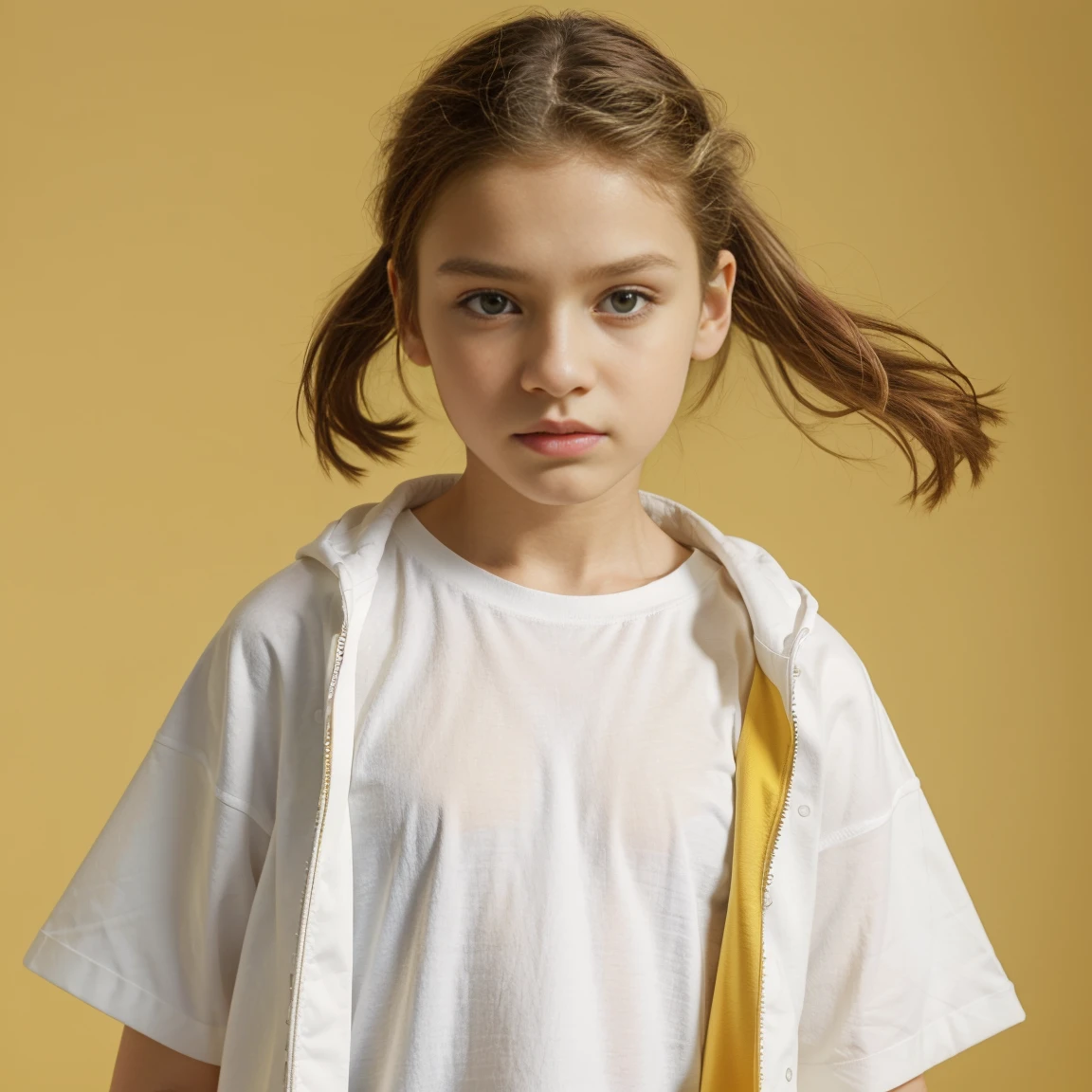 white oversize t-shirt,ar old, all yellowcolor background,balenciaga concept fashion photo, Paris